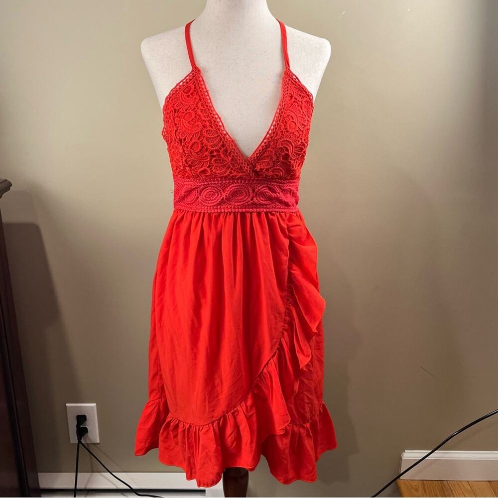 Ecowish Red Backless Dress Backless Ruffles Lace Bow Boho Women's Size Small